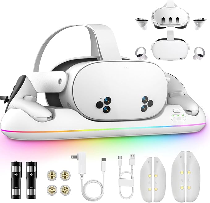 Base de carregamento para Meta Quest 3/3S/2, estação VR magnética com carregamento rápido, saída USB, iluminação RGB, 2 baterias recarregáveis de 2100 mAh, acessórios para Oculus Quest auriculares e