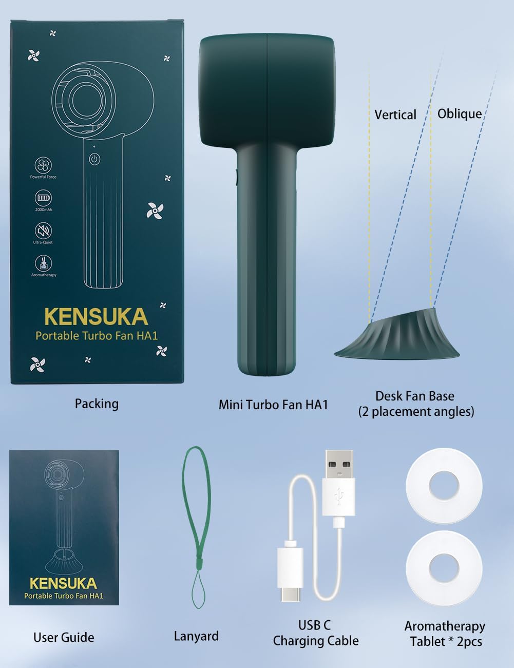 KENSUKA  mini ventilador de mão portátil,  com bateria recarregável com aromaterapia HA1.