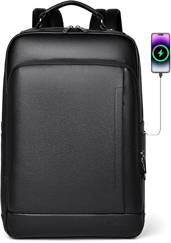 CHAO RAN Mochila de couro para laptop de negócios para homem com porta de carregamento USB, impermeável, para laptop de 15,6 polegadas para a universidade, grandes mochilas casuais, preto,, Preto e