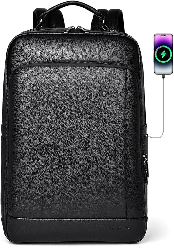 CHAO RAN Mochila de couro para laptop de negócios para homem com porta de carregamento USB, impermeável, para laptop de 15,6 polegadas para a universidade, grandes mochilas casuais, preto,, Preto e