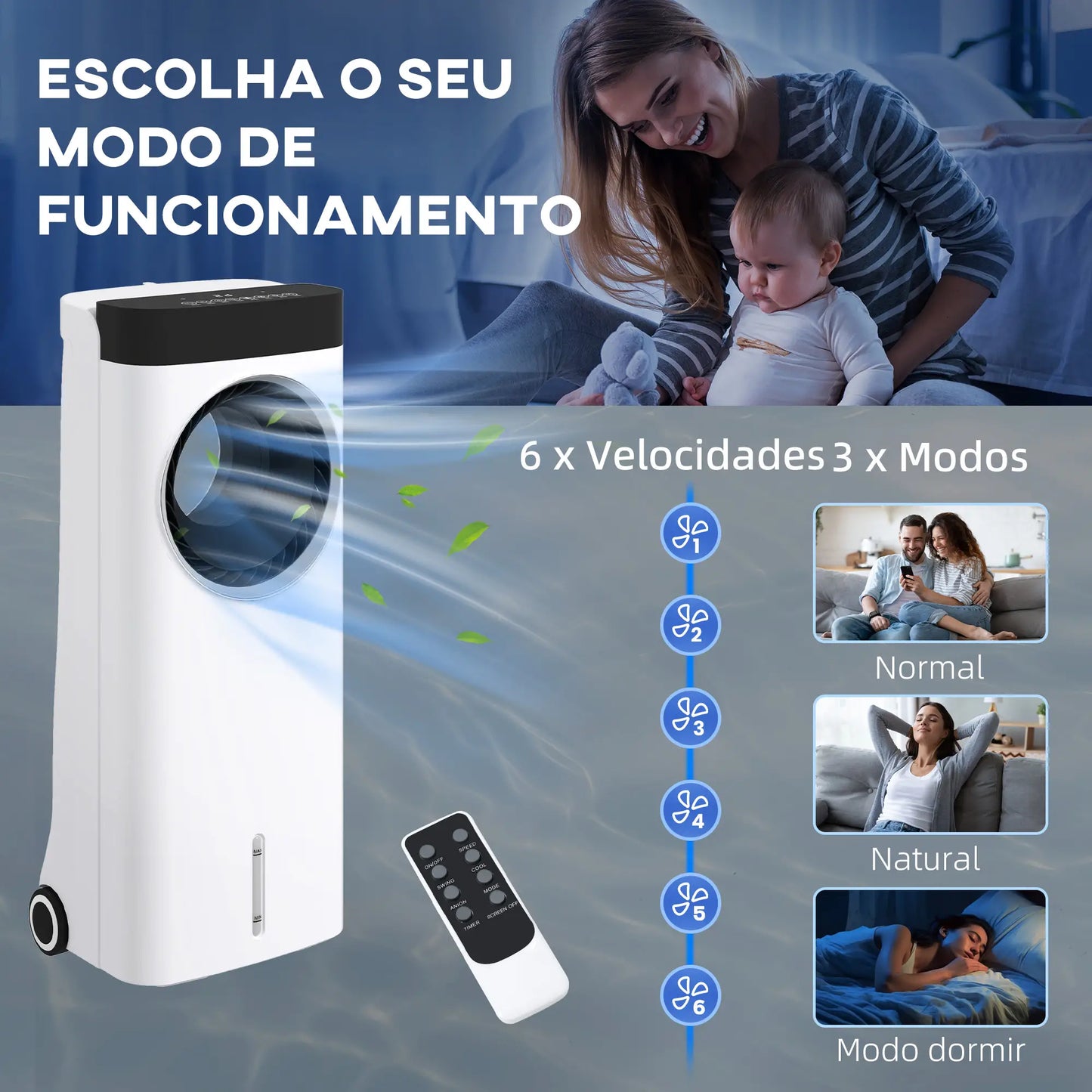 HOMCOM Climatizador 3 em 1 75W com 6 Velocidades Temporizador até 24H Depósito de 6,5 L