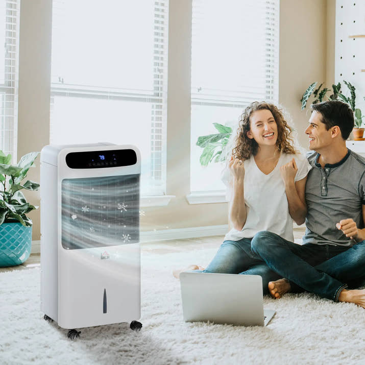 HOMCOM Climatizador Humidificador Refrigerador de Ar com Rodas Depósito de 12L Controlo Remoto 3 Modos de Velocidade Temporizador 12h e Ecrã LED Tátil