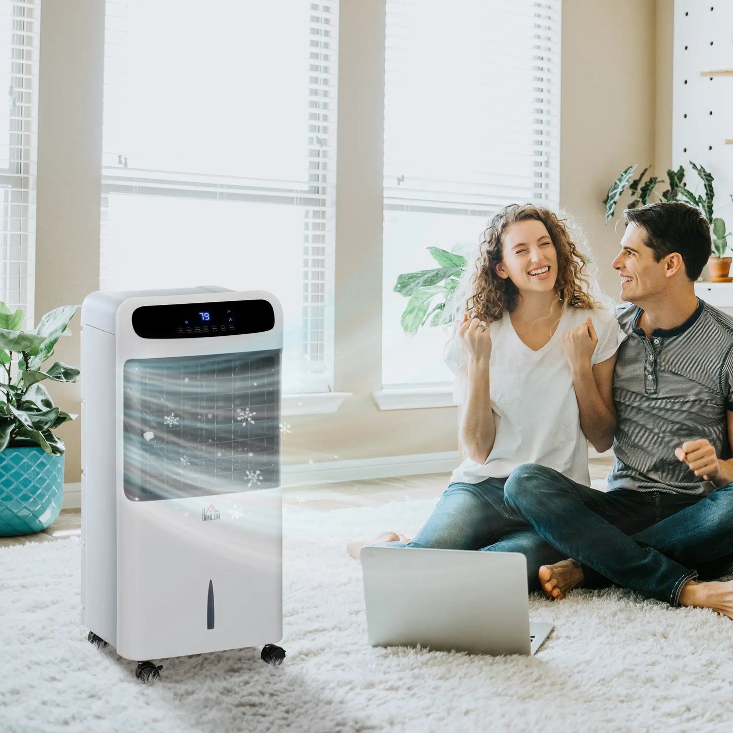 HOMCOM Climatizador Humidificador Refrigerador de Ar com Rodas Depósito de 12L Controlo Remoto 3 Modos de Velocidade Temporizador 12h e Ecrã LED Tátil