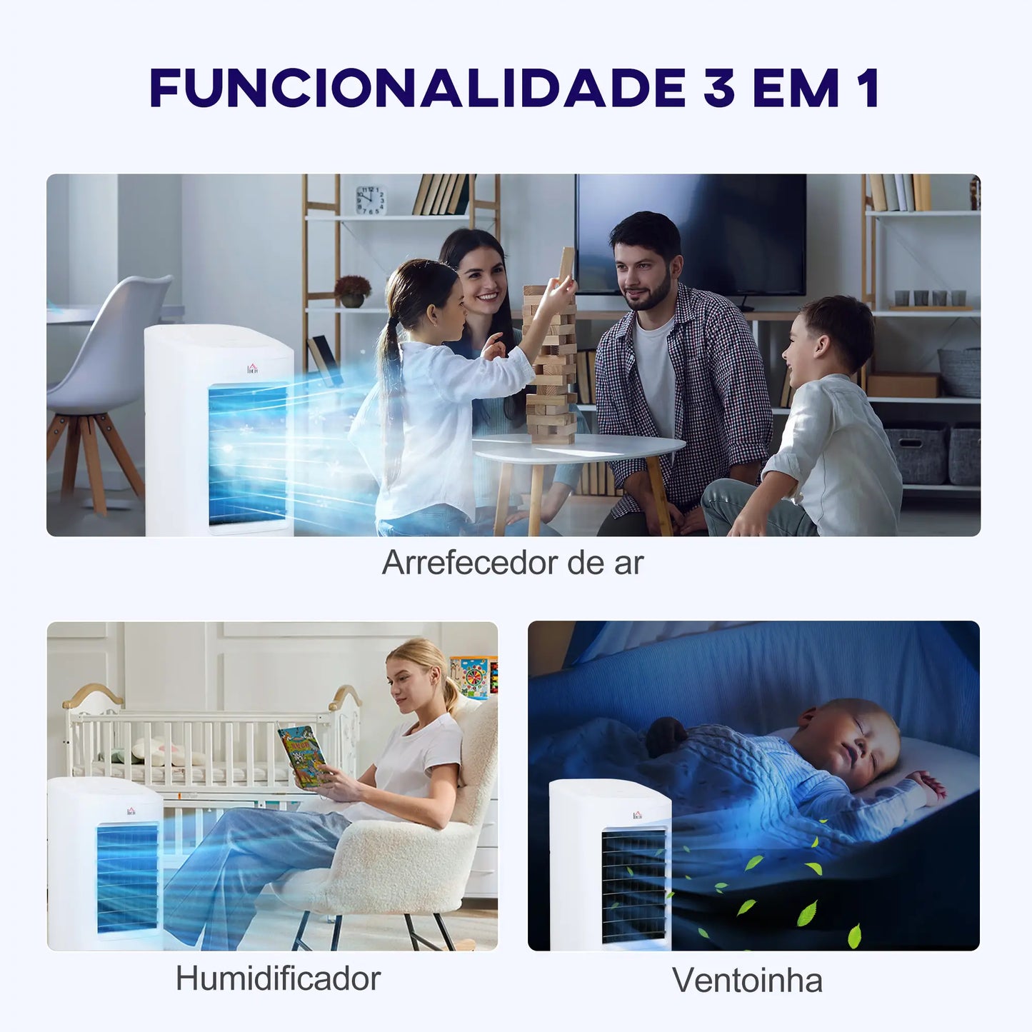 HOMCOM Climatizador de Ar 3 em 1 65 W Depósito de 7L Temporizador até 7,5H 3 Velocidades 3 Modos Oscilação 30x30,5x73,5 cm Branco